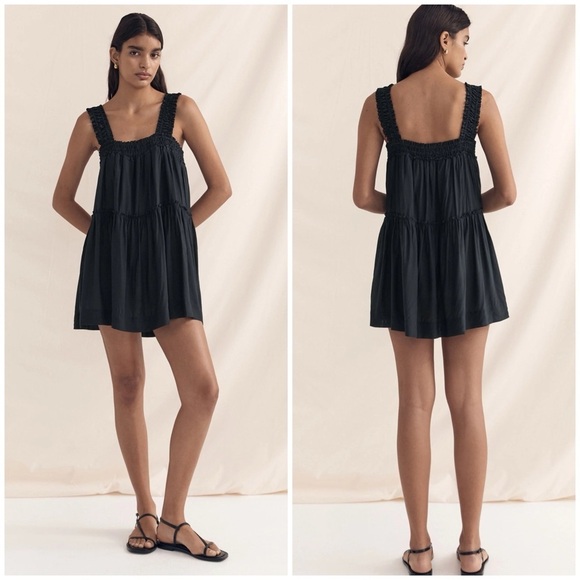 Peony Swimwear Silk Blend Del Mar Gathered Minidress in Black - Picture 1 of 13